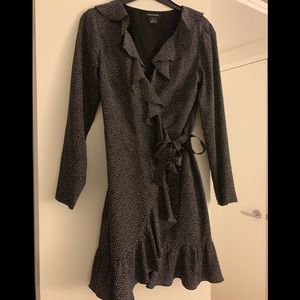 Black and white polka dot wrap dress